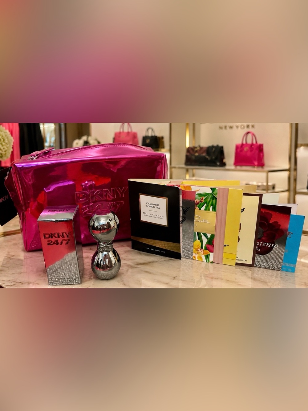 DKNY Metallic Hot Pink Cosmetic Bag with Assorted Fragrance Samples